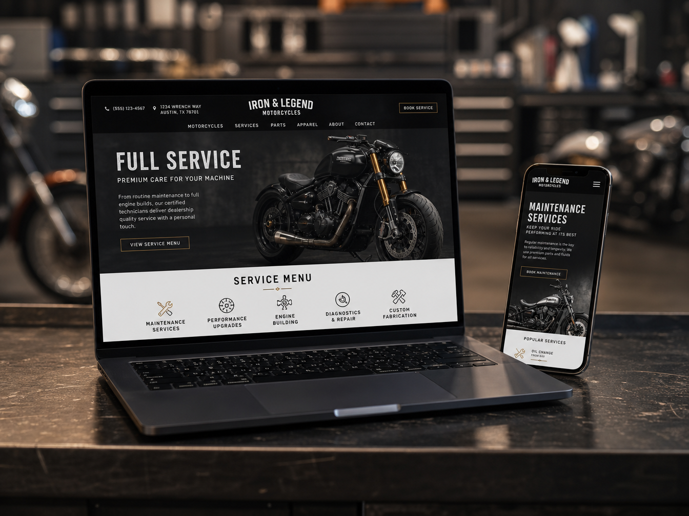 Specialty motorcycle shop website displayed on laptop and mobile in shop environment