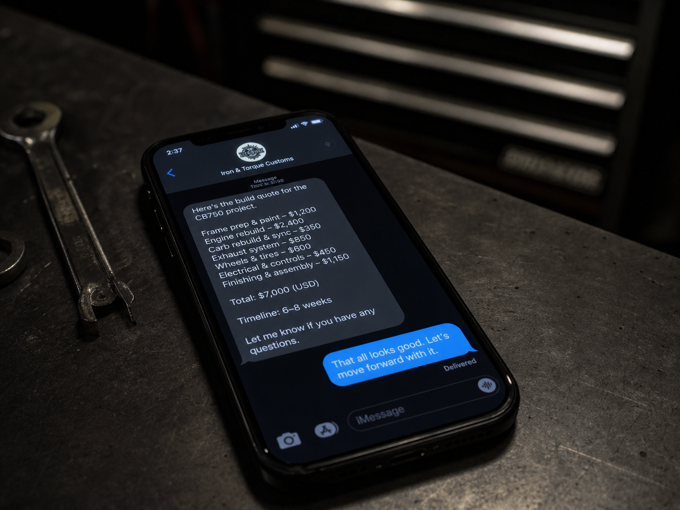 Smartphone showing automated motorcycle shop follow-up text message sequence