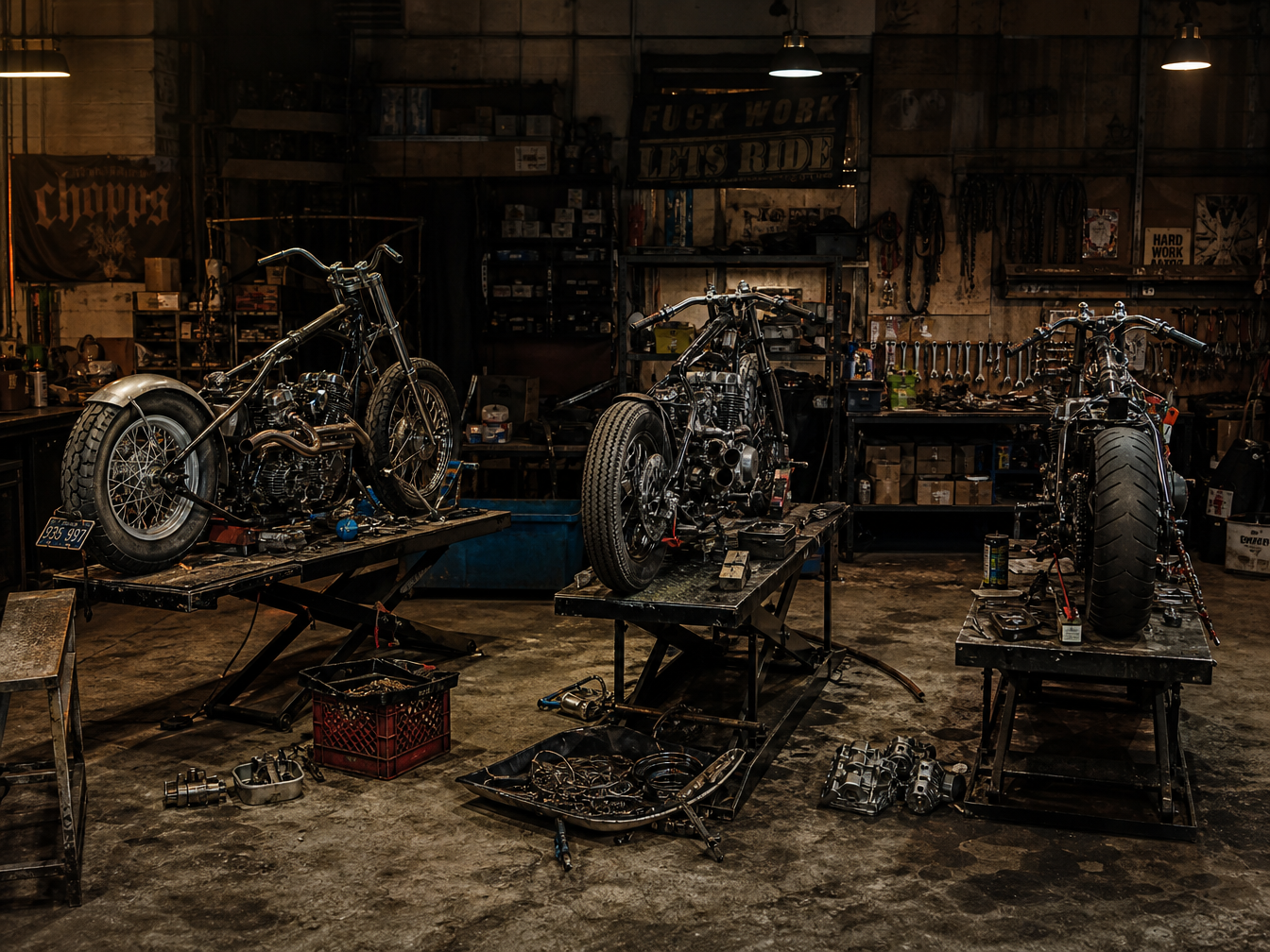 Independent motorcycle shop interior with custom builds in progress