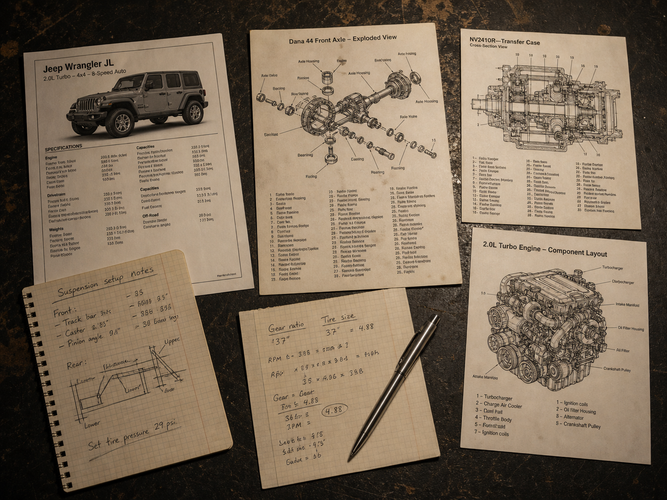 Jeep build spec sheet and documents on a shop desk during consultation