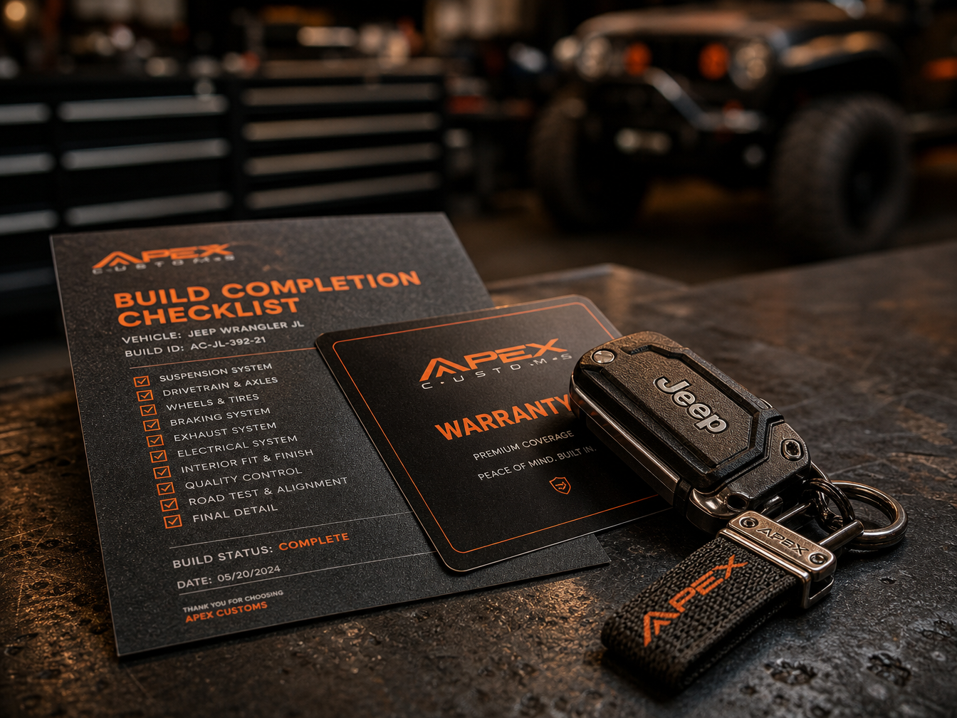 Jeep Wrangler keys and build completion paperwork on shop counter at delivery