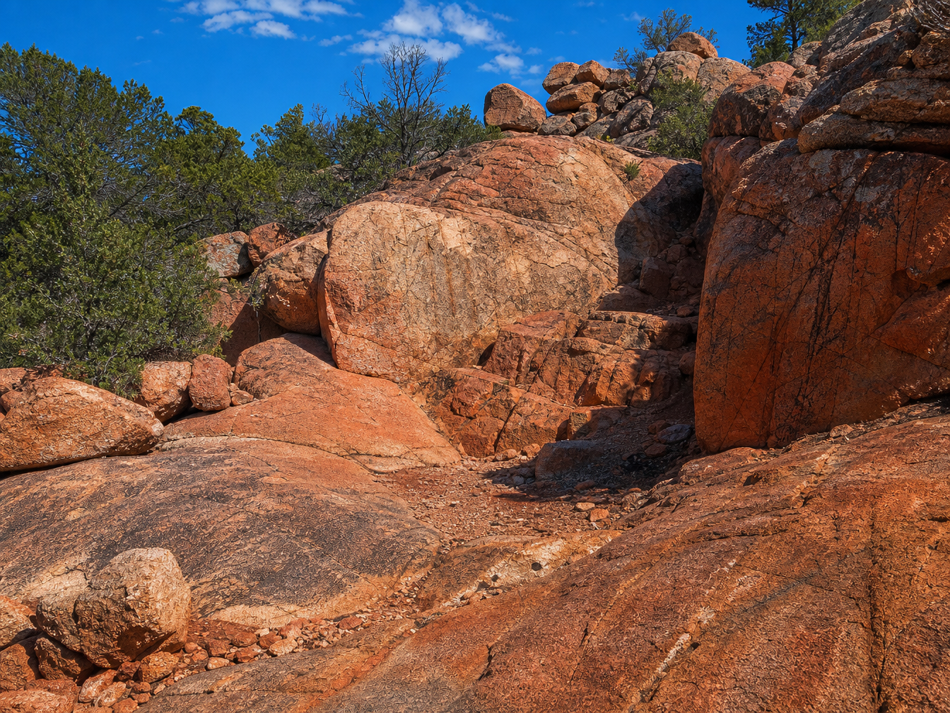 Central Texas red granite rock crawling terrain at Mason County — XJ Cherokee on technical granite slabs