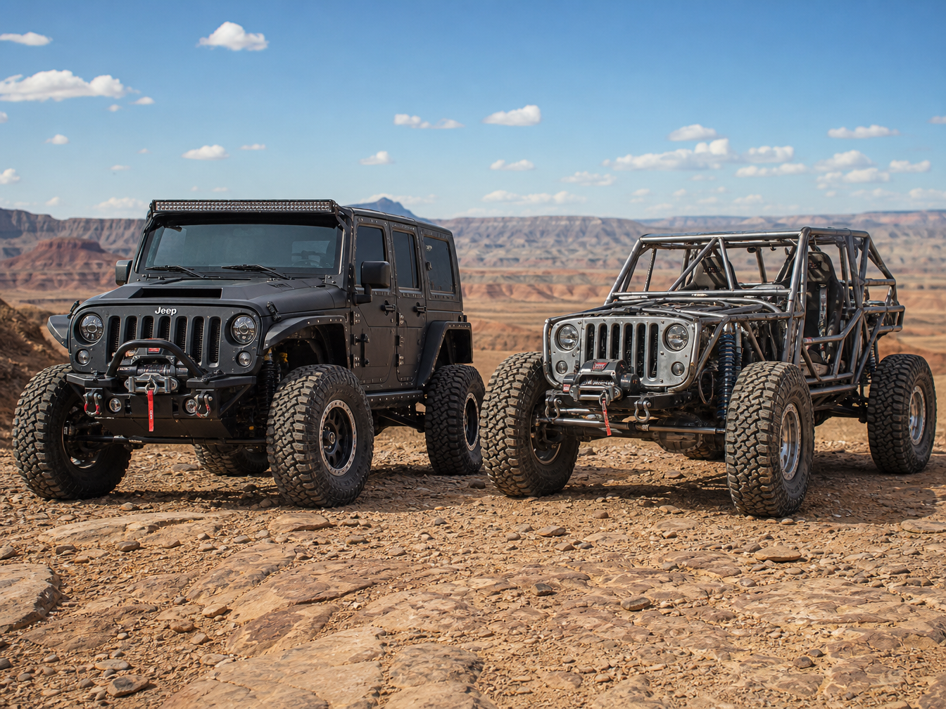 Trail rig with full body panels beside a stripped purpose-built rock crawler showing the difference between the two build types