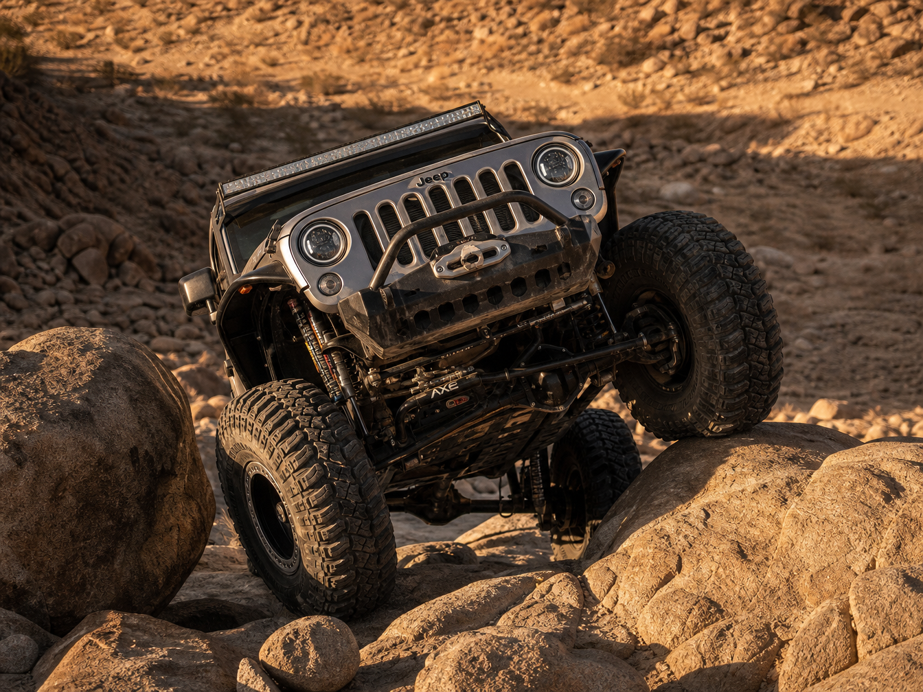 Double-triangulated 4-link suspension geometry showing angled upper and lower control arms on a Jeep rock crawler build