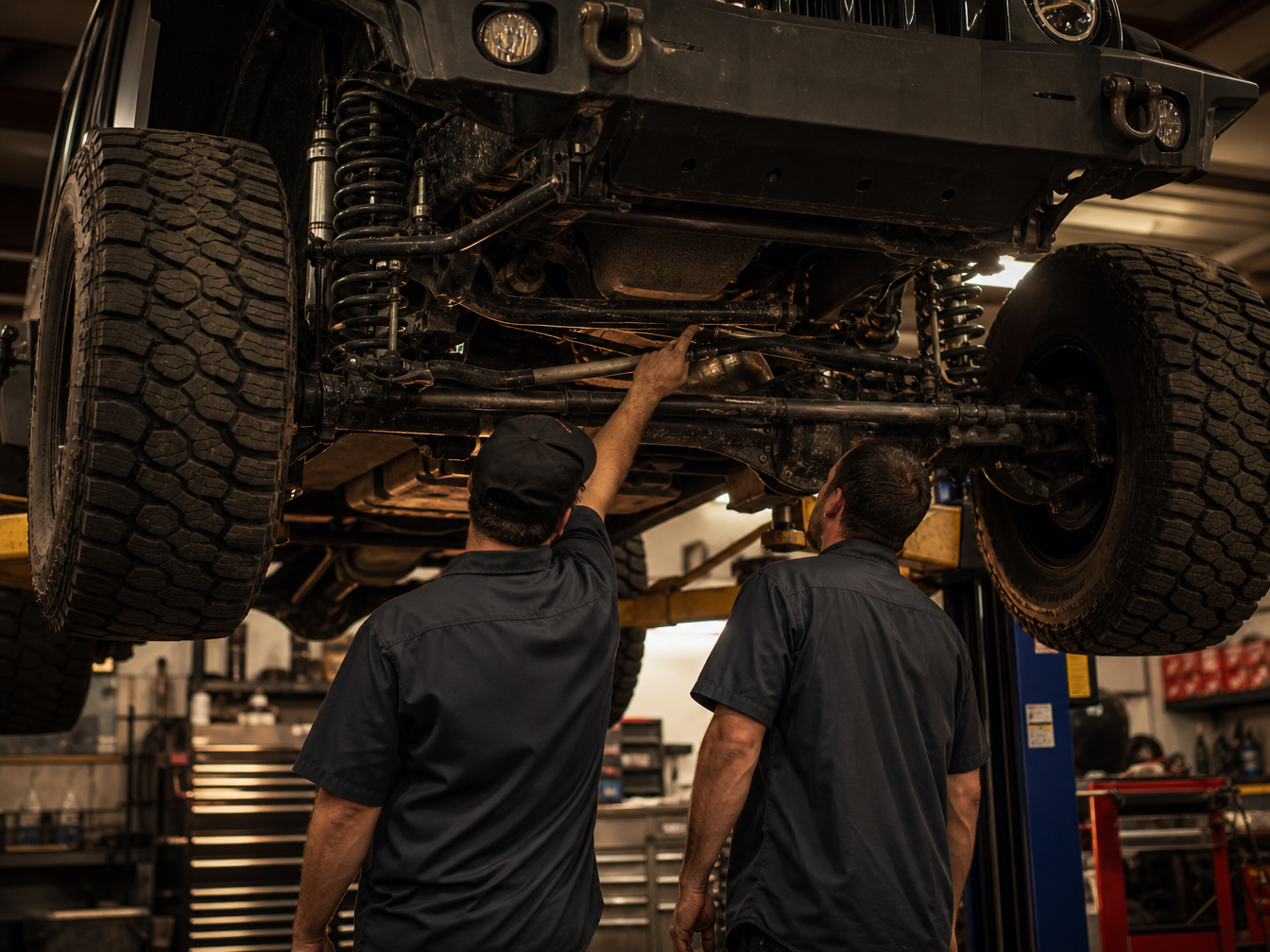 Two brothers working on a Jeep Wrangler together in a professional shop bay