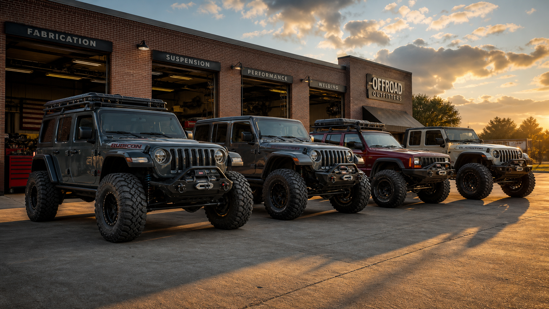 Four completed Jeep builds lined up outside Summit Jeep Works shop at golden hour