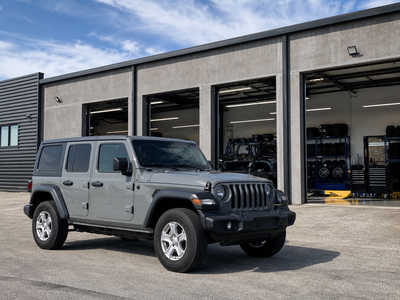 Jeep Wrangler parked in front of Summit Jeep Works shop representing a build consultation before committing