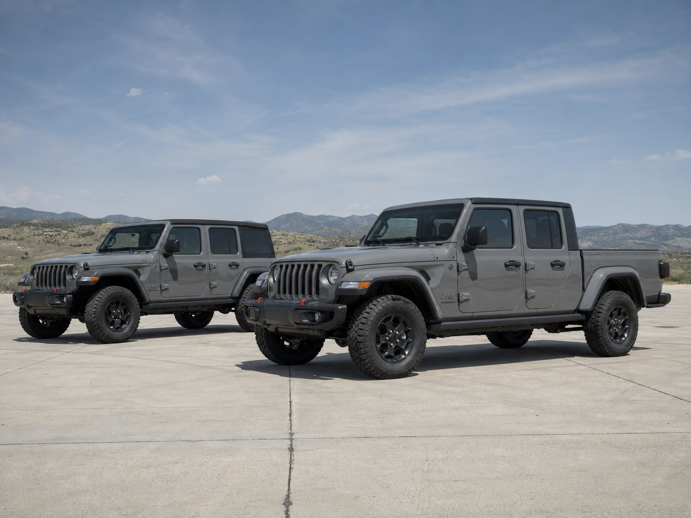 Jeep Gladiator JT and Jeep Wrangler JL parked side by side showing wheelbase and size comparison