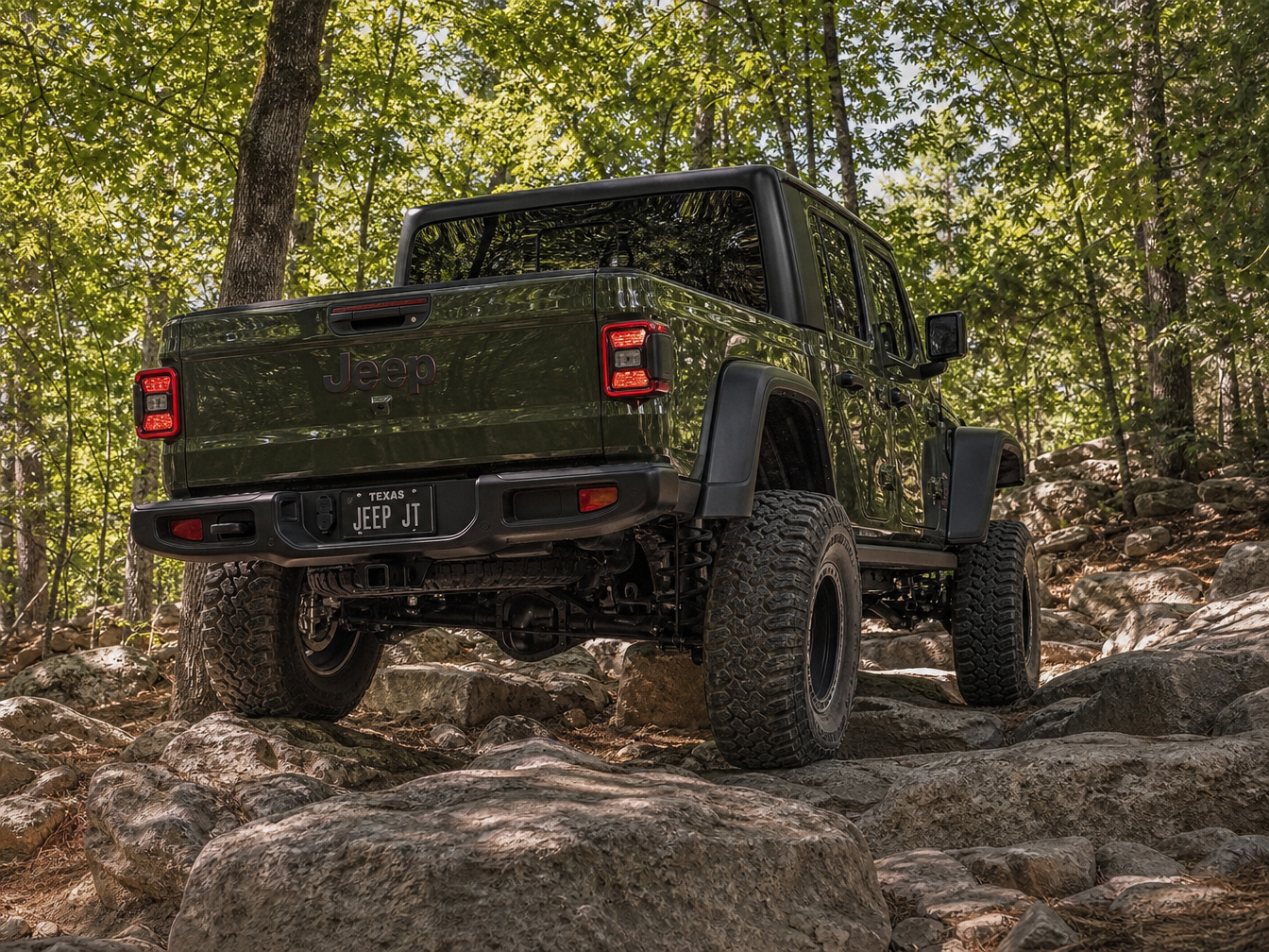 Jeep Gladiator JT lifted with 37 inch tires on overland trail showing suspension flex and bed storage setup