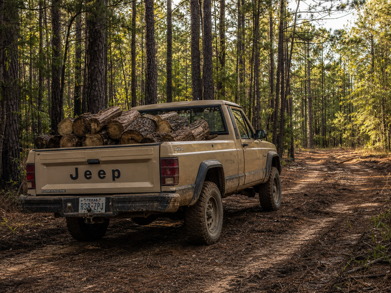 Jeep Comanche MJ pickup truck in the woods with truck bed loaded with cut logs ready for transport — working truck in its element