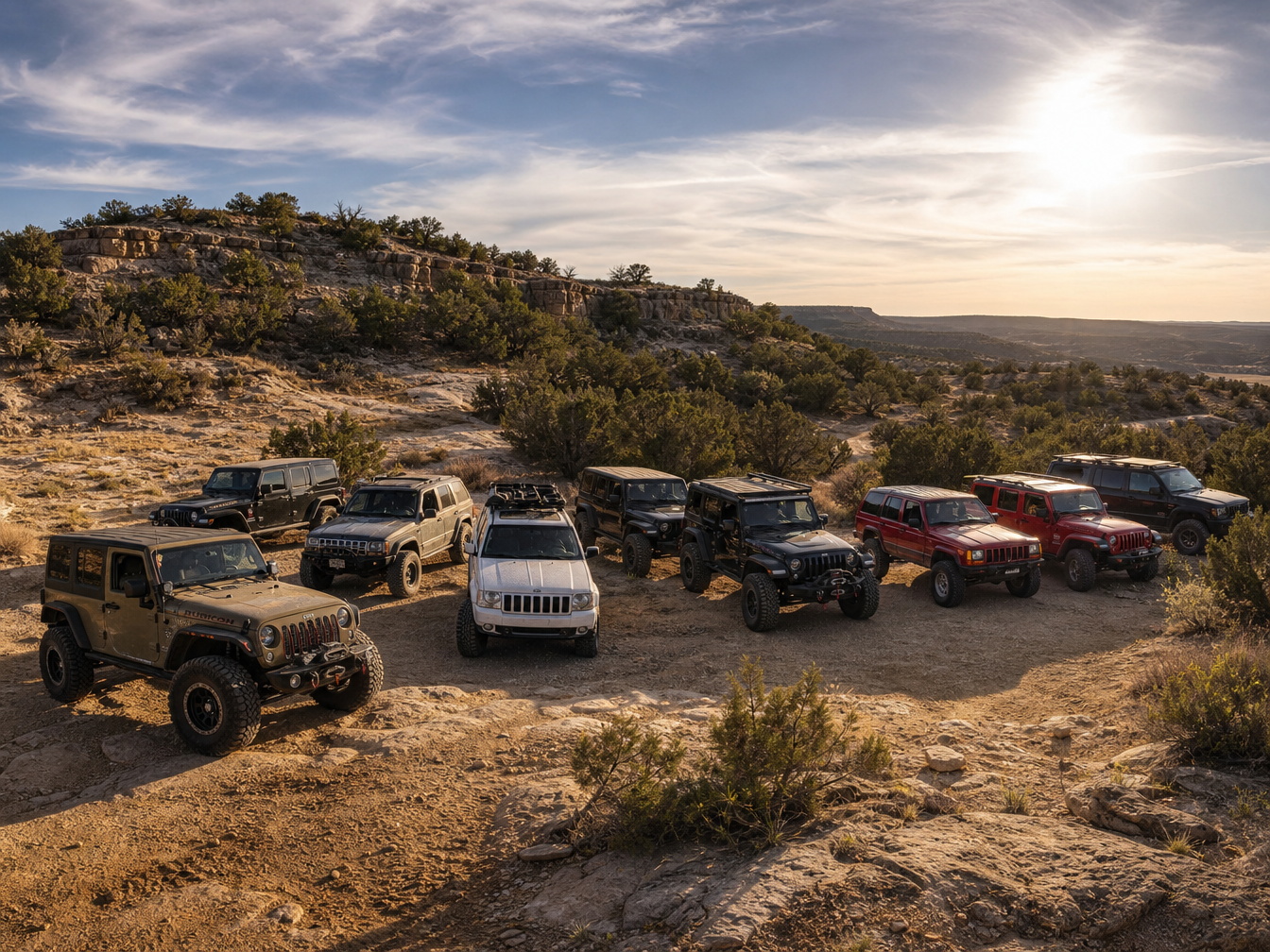 Group of Jeeps parked at a Texas trail park representing the Houston Jeep community at a club run