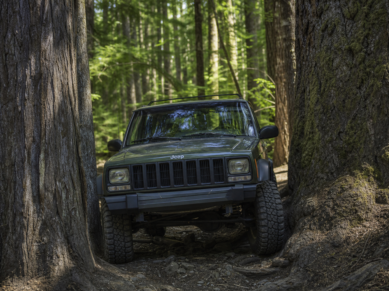 Jeep Cherokee XJ on a Houston area trail showing its compact size and solid axle suspension flex