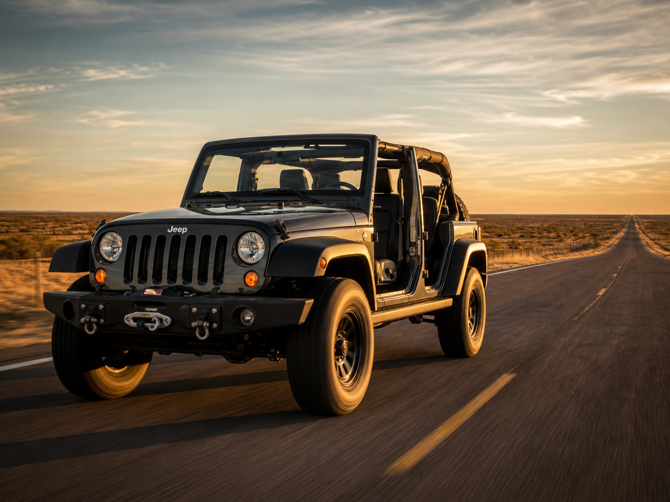 Jeep Wrangler JL with doors removed and soft top folded back showing the open air driving experience on a Texas road