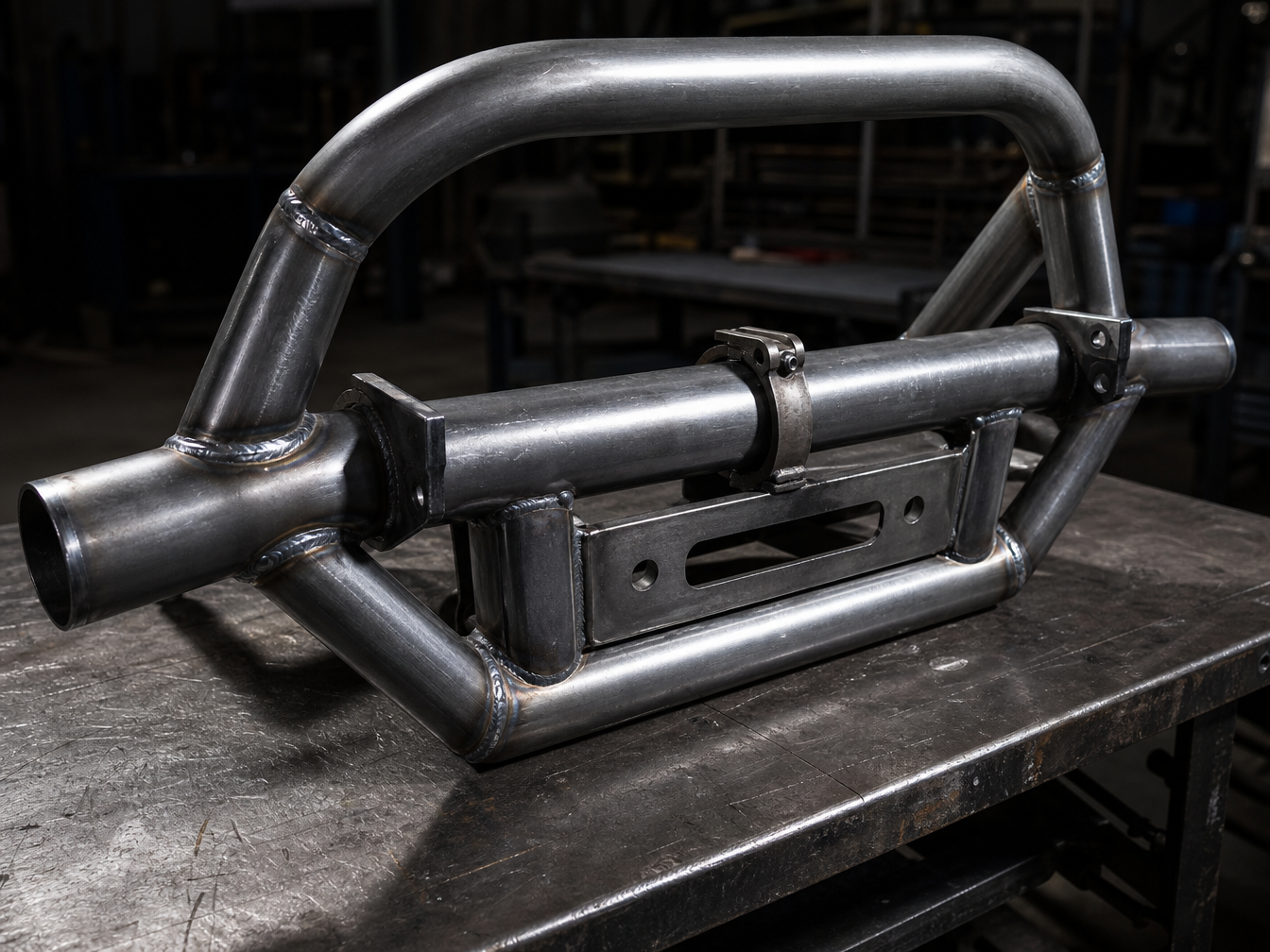 Custom fabricated Jeep steel tube bumper on welding bench mid-build showing clean MIG welds on DOM tubing