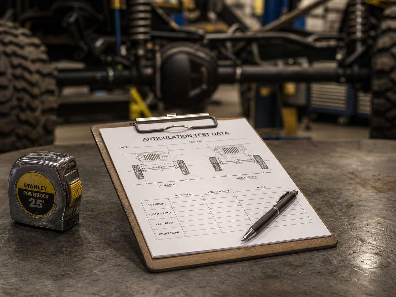 Summit Jeep Works builder reviewing printed articulation test data sheet with Jeep parked in shop bay background