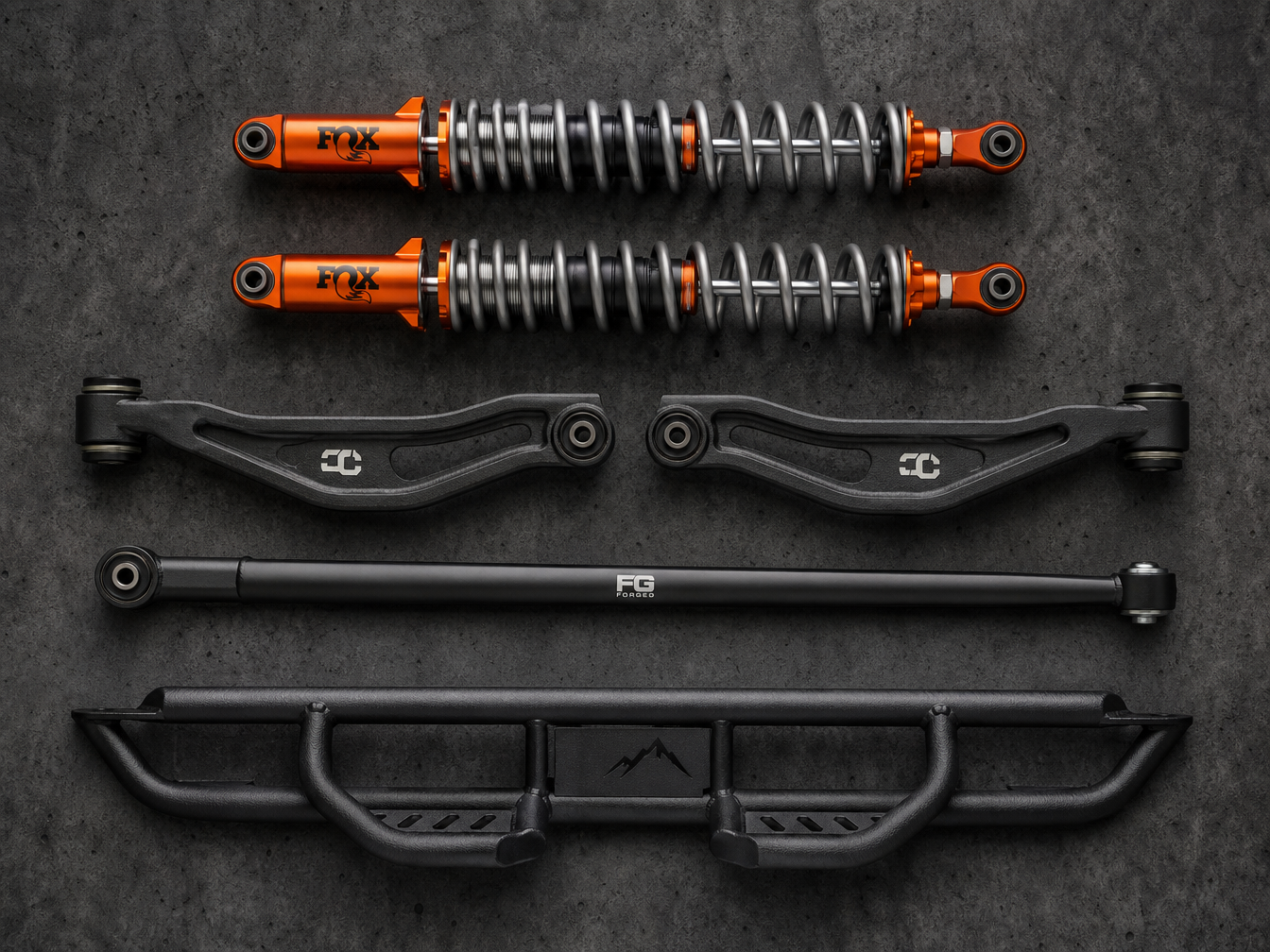 Premium Jeep Wrangler suspension and armor components — off-road coilovers, control arms, track bar, rock slider