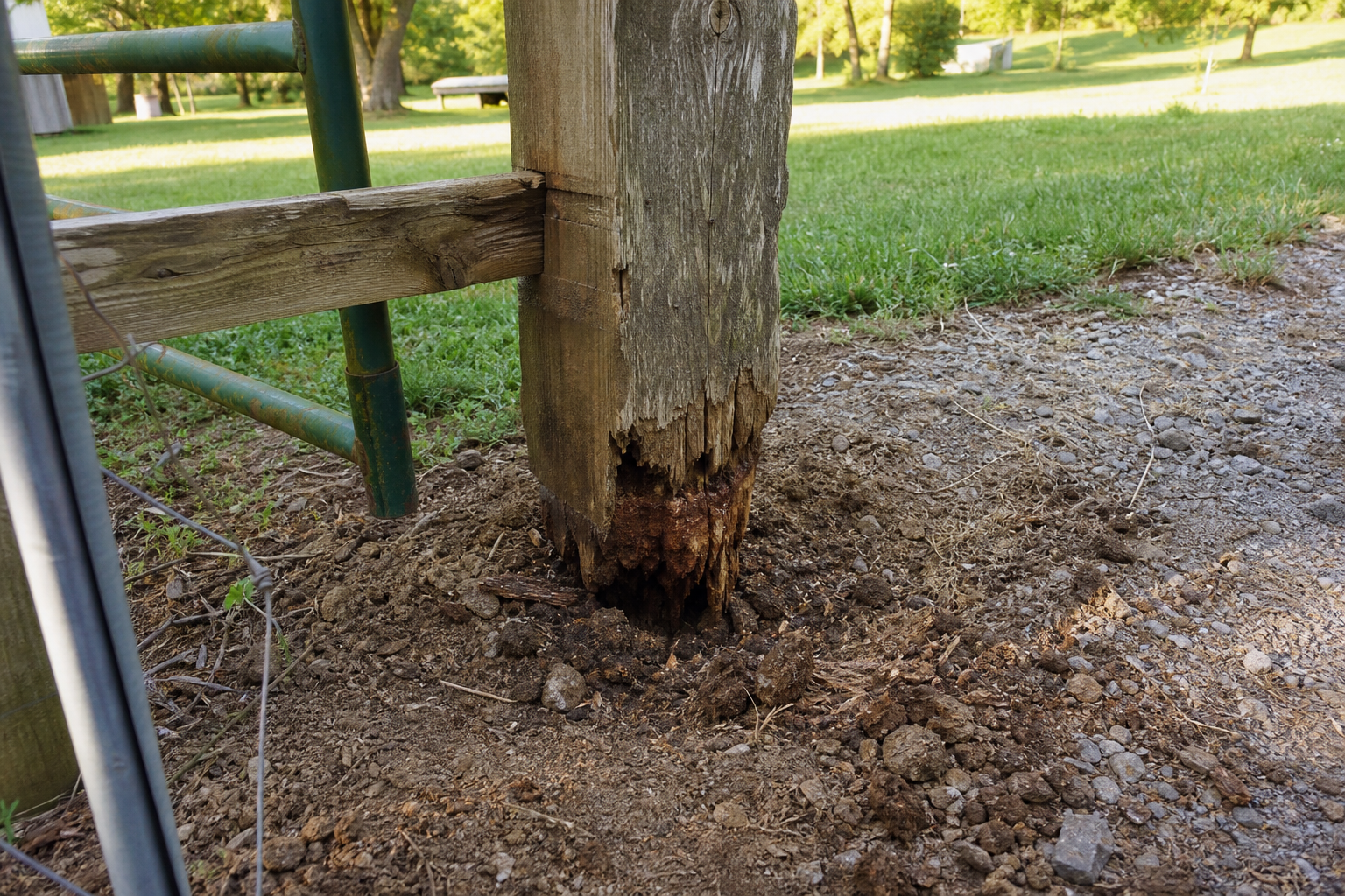 A rotted fence post base wobbling in loose soil