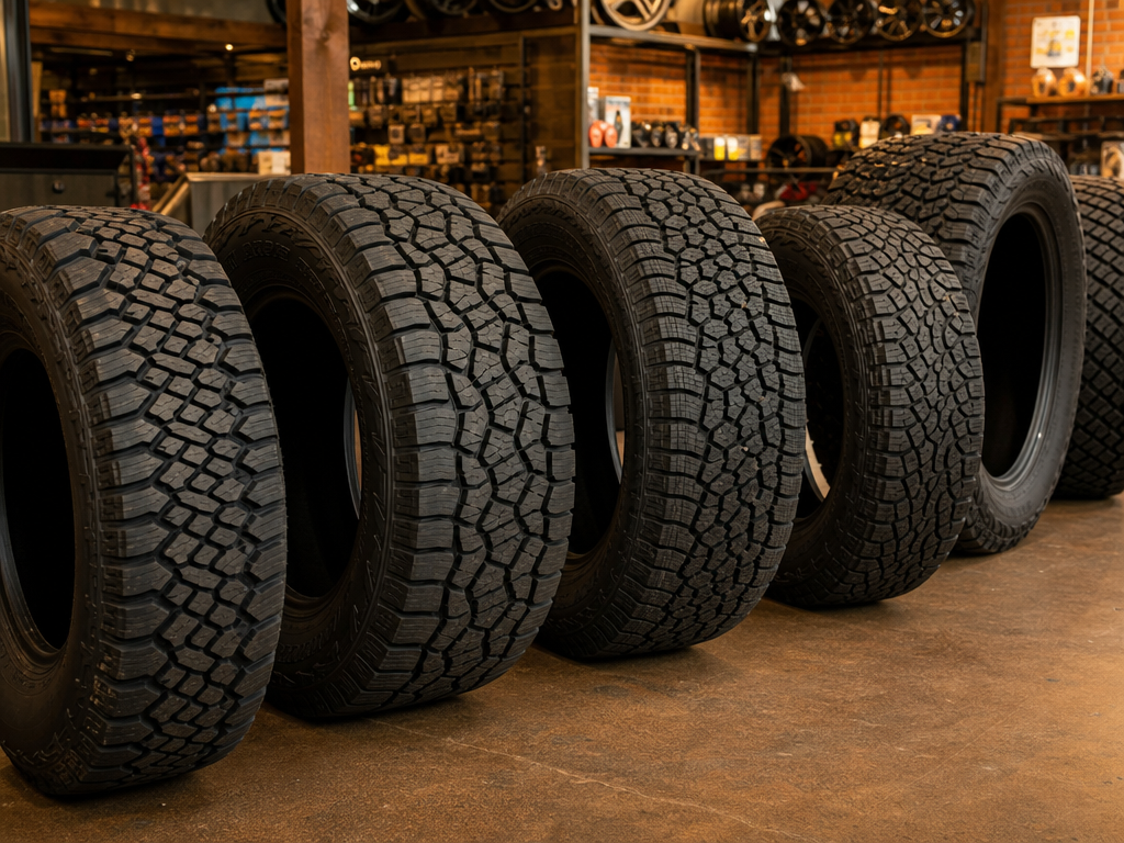 All-terrain tires of various sizes lined up in shop at Iron Ridge Off-Road Houston