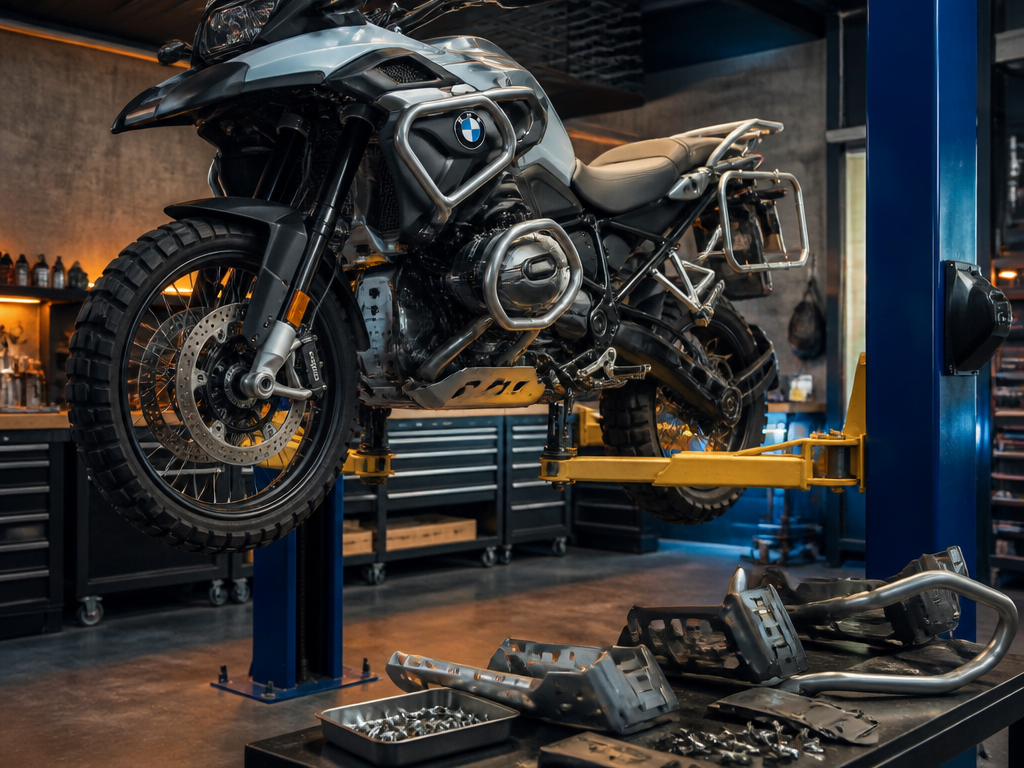 BMW GS Adventure service on a lift in Miami