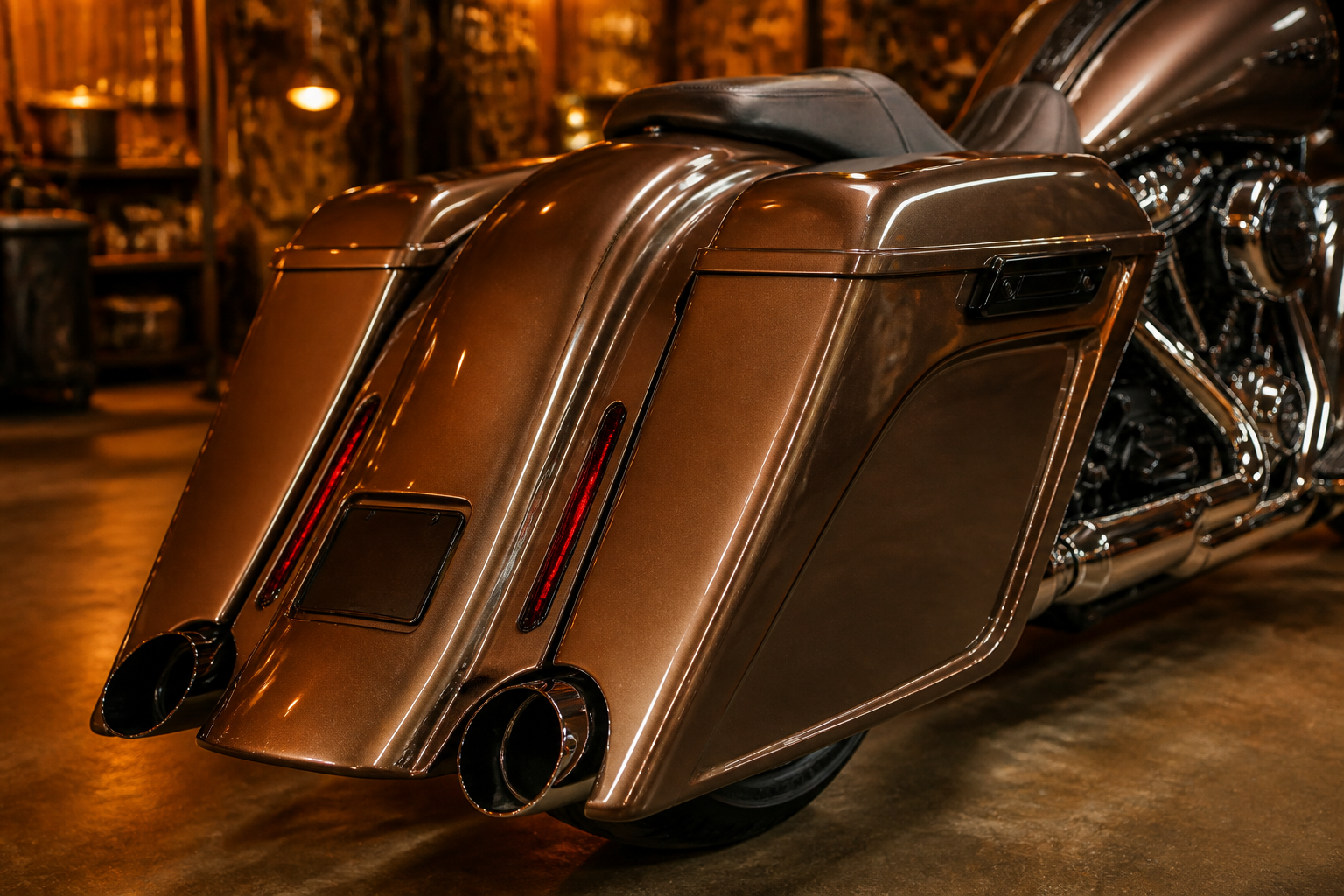 Stretched saddlebags and bodywork on a bagger in Miami