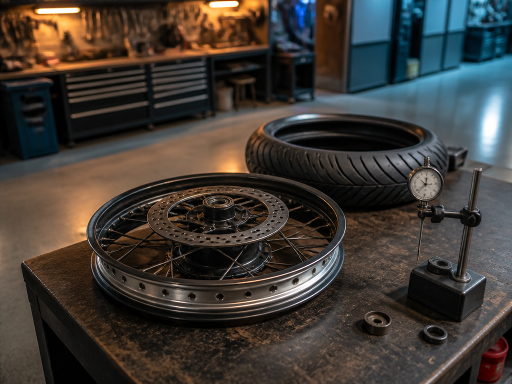 Motorcycle wheel off the bike for tire mounting and inspection in Miami