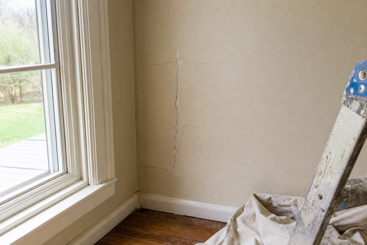 A drywall crack telegraphing back through a taped-over repair