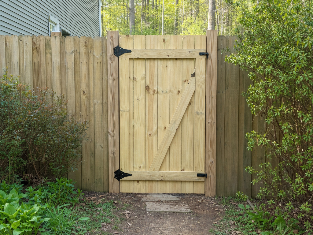 Repaired wood fence line with straight pickets