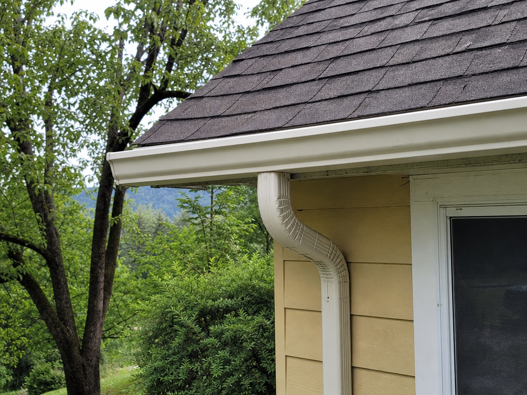 A securely re-hung gutter and downspout along a roof edge