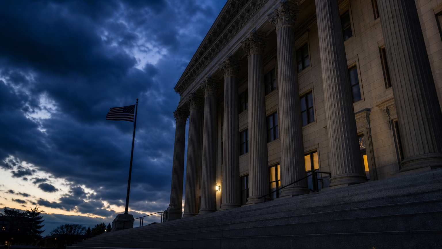 Government building exterior at dusk, American flag