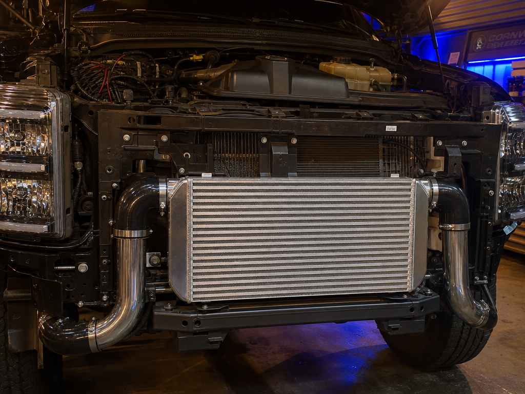 Banks Power intercooler installed diesel truck engine bay Houston