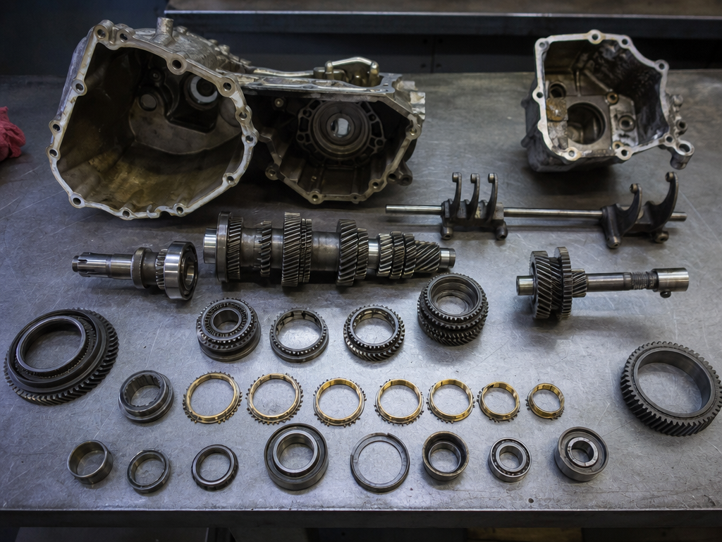 Classic four-speed transmission components laid out during rebuild