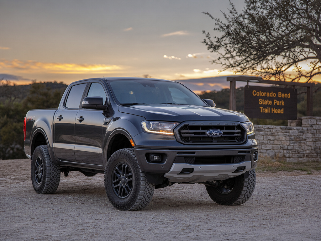 Lifted Ford Ranger parked at a Texas trailhead at dusk