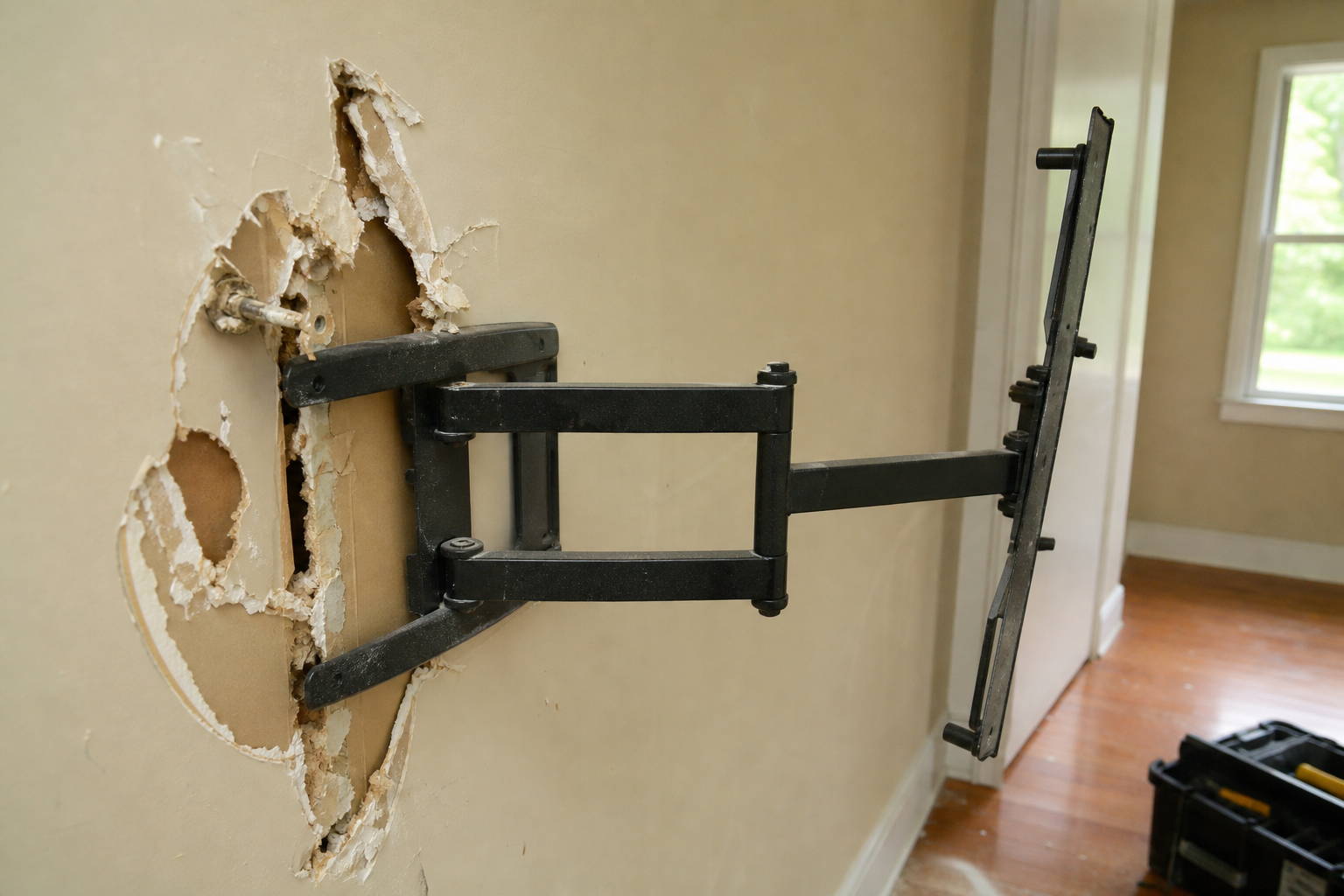 A TV mount pulled out of drywall with torn anchors