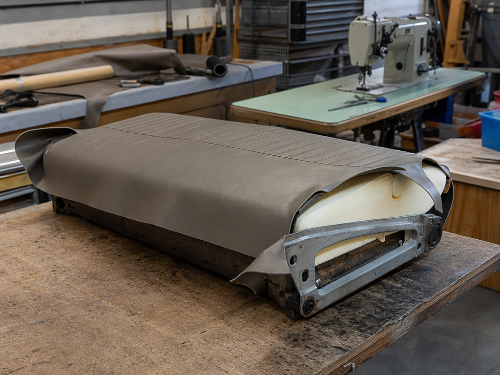 Seat upholstery being fitted during a classic car interior restoration
