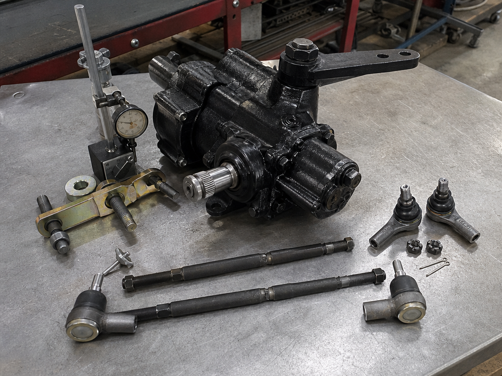 Rebuilt steering components ready for installation on a classic car