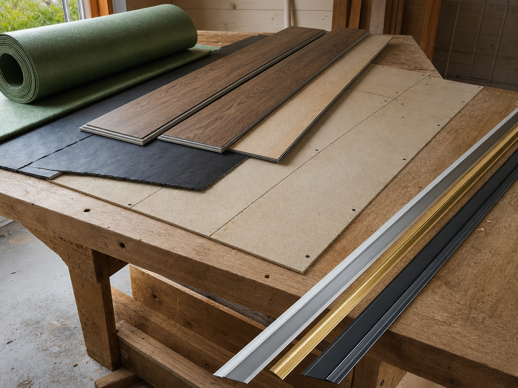 Vinyl plank, underlayment, backer board, and transition strips on a workbench