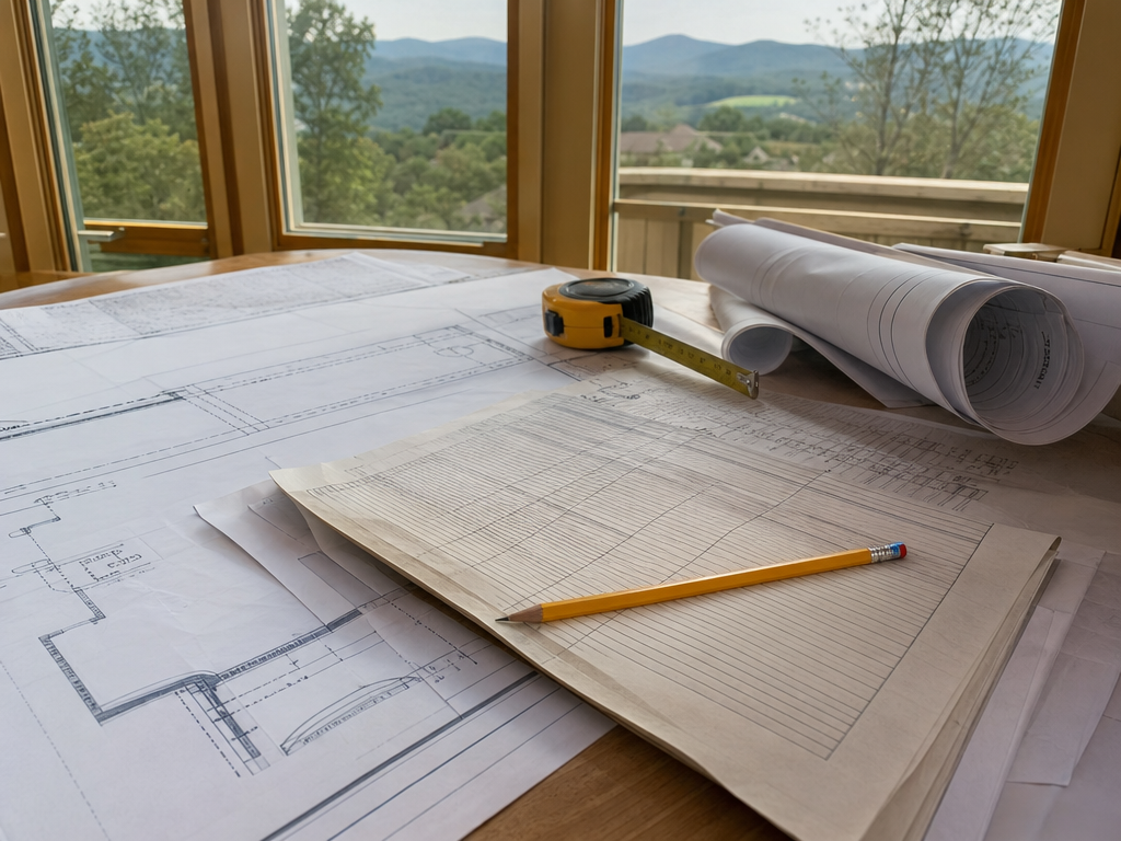 Contractor estimates and blueprints spread on a table for review