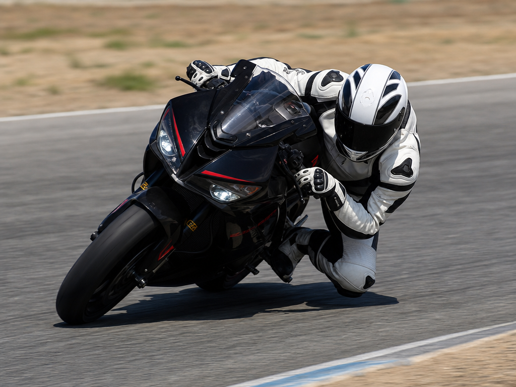 Sport bike cornering at speed on a racetrack