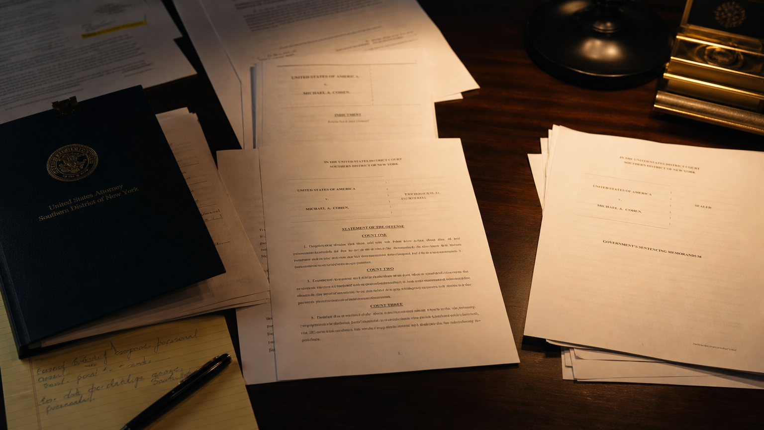 Legal documents spread across a dark desk under lamplight