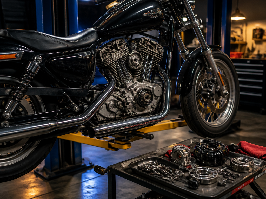 Harley Sportster service on a lift in Miami