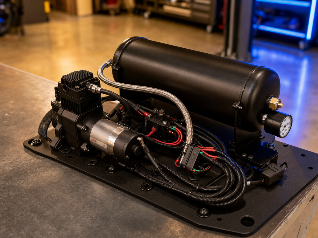 On-board air compressor and tank mounted with tidy wiring