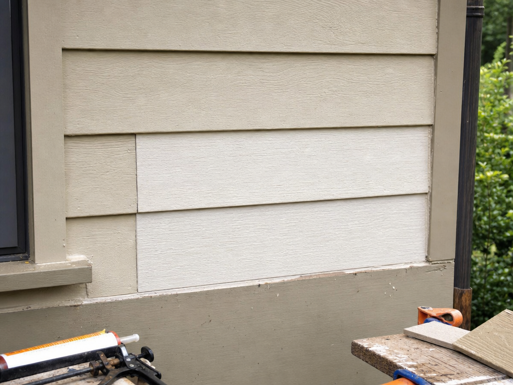 A new siding board flashed, sealed, and blended into an existing wall