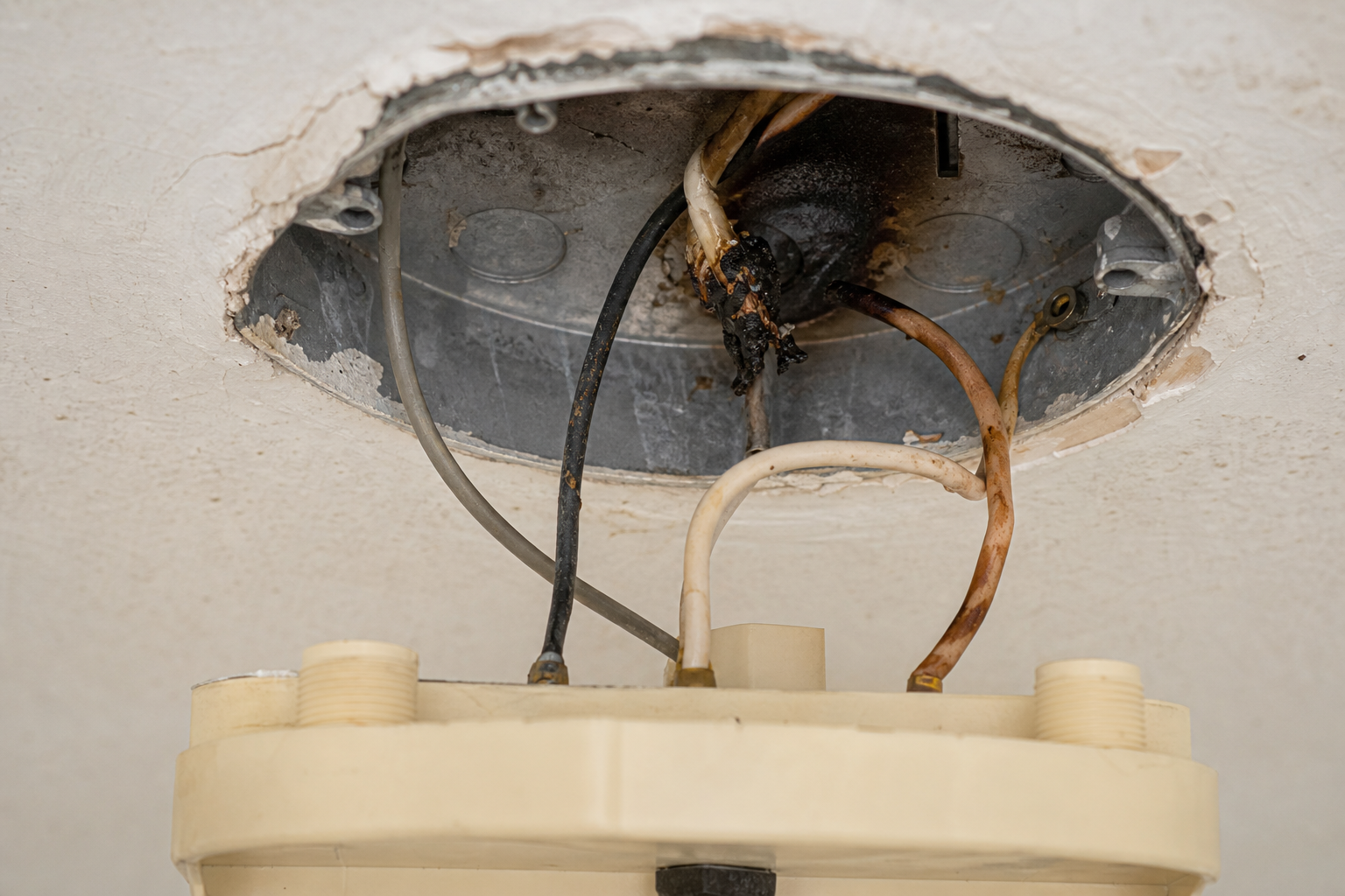 An overheated, loose wire connection at a fixture box