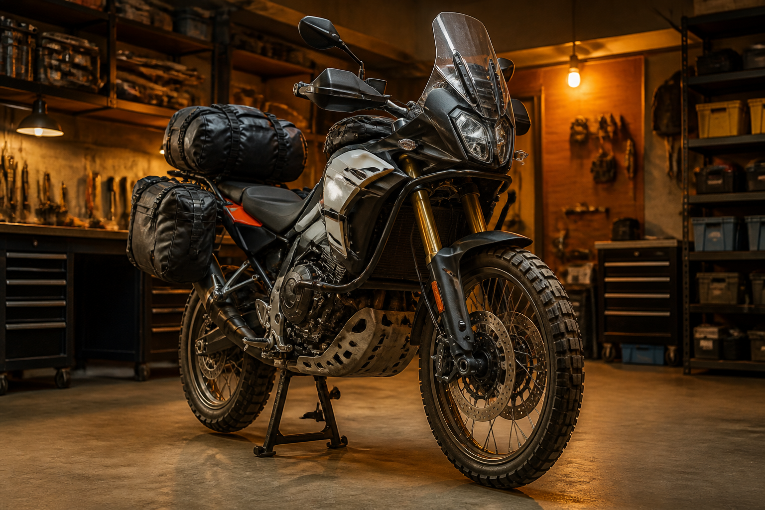 Long-travel adventure motorcycle suspension setup in Miami