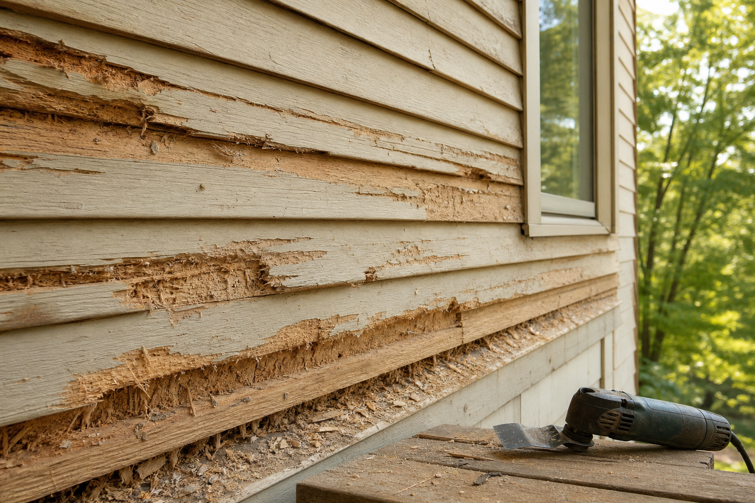 Wood siding gouged and furred from too much pressure