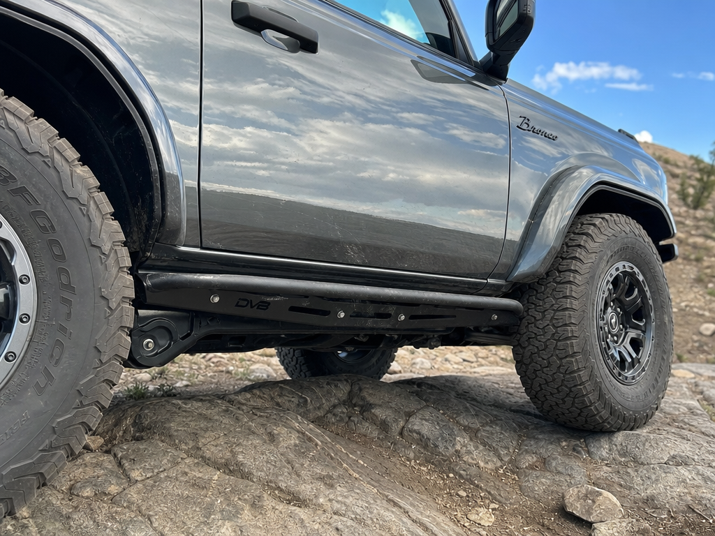 DV8 Offroad rock sliders installed on Project Iron Mesa Ford Bronco 2-door