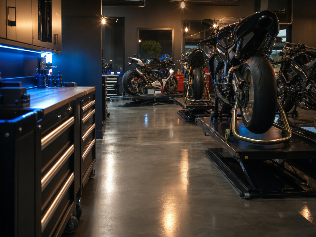 Inside the Biscayne Moto Works sport bike service shop in Miami