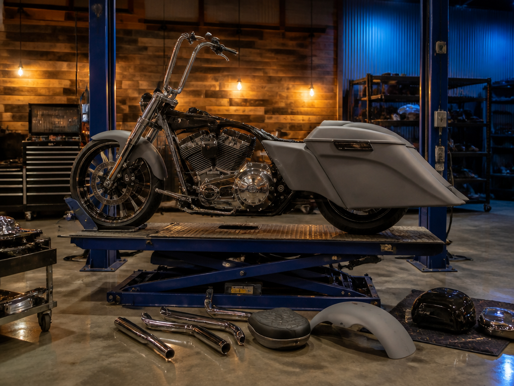 Custom bagger build in progress in Miami