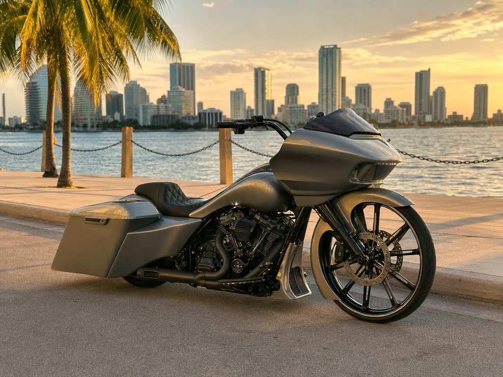 Custom bagger on a Miami street at golden hour