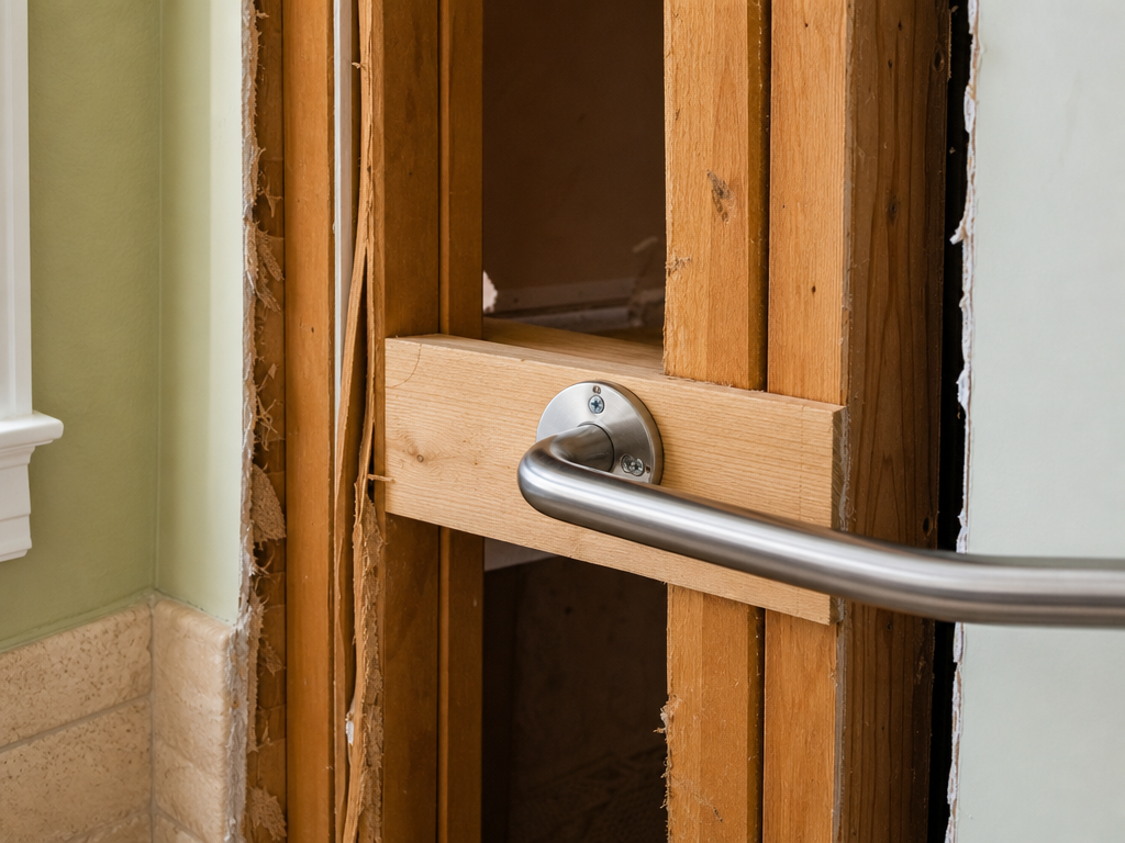 Grab bar anchored into solid wood blocking behind the wall